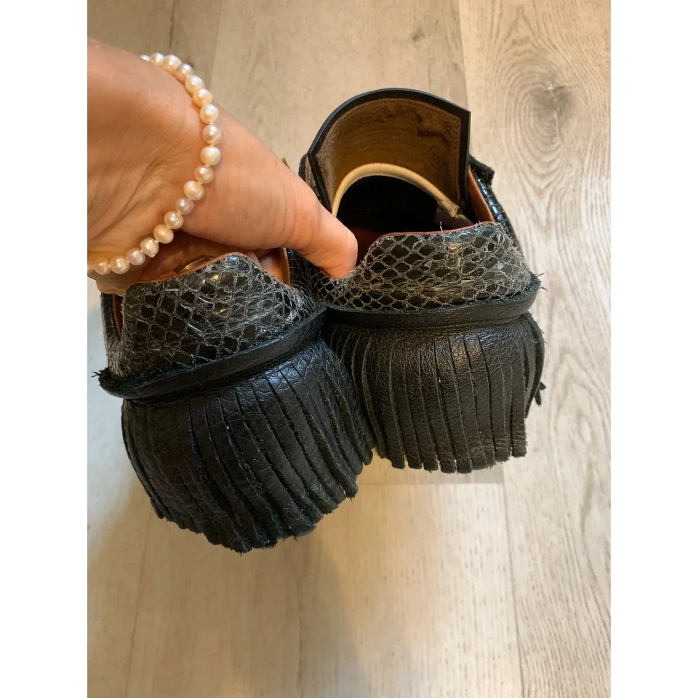 Esse Ut Esse Black Leather Fringe Sneakers Snakeskin Trim Made in Italy Size 39